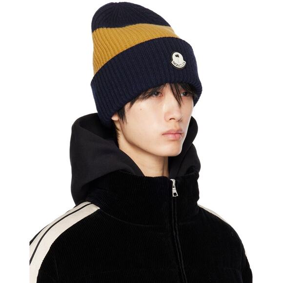 Moncler X Palm Angels Beanie Cap Men OS Navy Yellow Colorblock Knit Wool Hat NWT - Picture 3 of 14